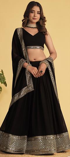 Reception, Wedding Black and Grey color Lehenga in Georgette fabric with Flared Embroidered, Sequence, Thread work : 1930734