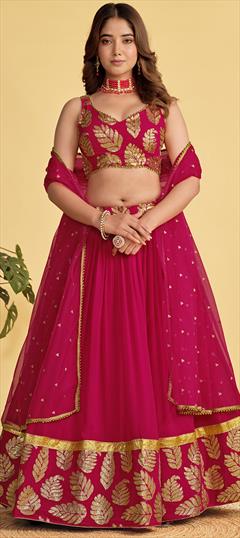 Bridal, Wedding Pink and Majenta color Lehenga in Georgette fabric with Flared Embroidered, Sequence, Thread work : 1930736