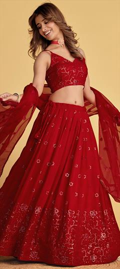 Bridal, Wedding Red and Maroon color Lehenga in Georgette fabric with Flared Embroidered, Sequence, Thread work : 1930737