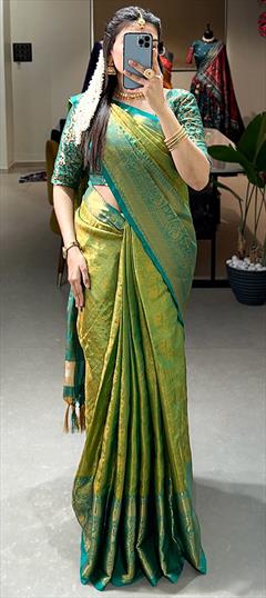 Festive, Traditional Green color Saree in Kanjeevaram Silk fabric with South Weaving, Zari work : 1930769