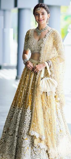 Bridal, Reception, Wedding Yellow color Lehenga in Net fabric with Flared Bugle Beads, Embroidered, Sequence work : 1930774