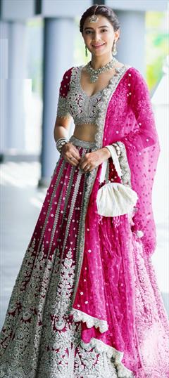 Bridal, Reception, Wedding Pink and Majenta color Lehenga in Net fabric with Flared Bugle Beads, Embroidered, Sequence work : 1930775