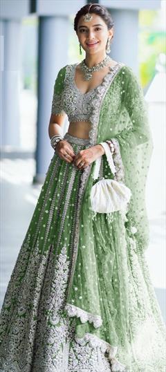 Bridal, Reception, Wedding Green color Lehenga in Net fabric with Flared Bugle Beads, Embroidered, Sequence work : 1930776
