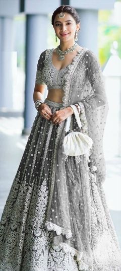 Bridal, Reception, Wedding Black and Grey color Lehenga in Net fabric with Flared Bugle Beads, Embroidered, Sequence work : 1930778