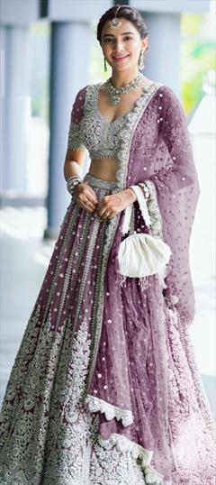 Bridal, Reception, Wedding Purple and Violet color Lehenga in Net fabric with Flared Bugle Beads, Embroidered, Sequence work : 1930782