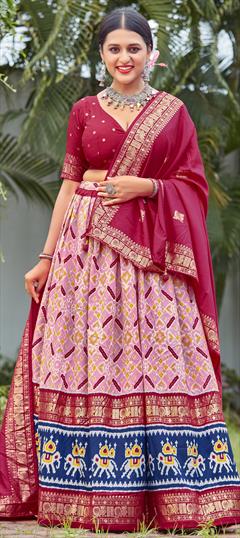Festive, Reception Pink and Majenta color Lehenga in Cotton fabric with Flared Printed work : 1930785