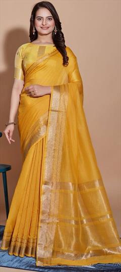 Casual, Traditional Yellow color Saree in Cotton fabric with Bengali Weaving work : 1930787