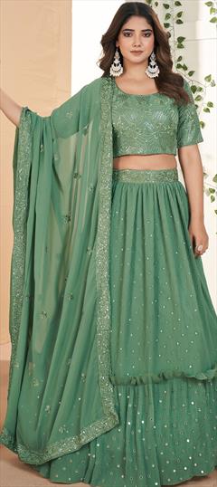 Designer, Reception, Wedding Green color Lehenga in Faux Georgette fabric with Flared Embroidered, Sequence, Thread work : 1930792