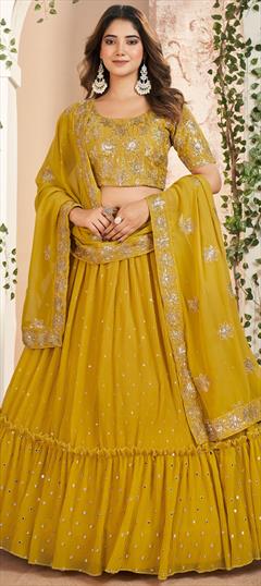 Designer, Reception, Wedding Yellow color Lehenga in Faux Georgette fabric with Flared Embroidered, Sequence, Thread work : 1930793