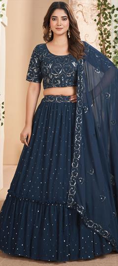 Designer, Reception, Wedding Blue color Lehenga in Faux Georgette fabric with Flared Embroidered, Sequence, Thread work : 1930794