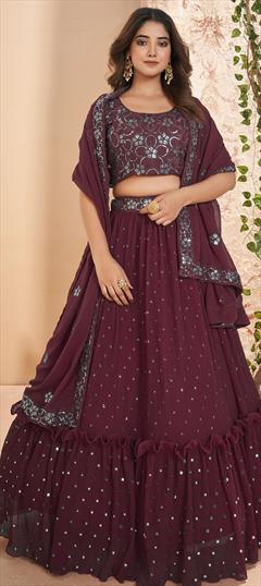 Designer, Reception, Wedding Red and Maroon color Lehenga in Faux Georgette fabric with Flared Embroidered, Sequence, Thread work : 1930795