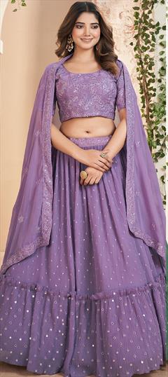 Designer, Reception, Wedding Purple and Violet color Lehenga in Faux Georgette fabric with Flared Embroidered, Sequence, Thread work : 1930796