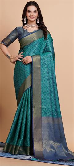 Party Wear, Traditional Green color Saree in Banarasi Silk fabric with South Weaving, Zari work : 1930797