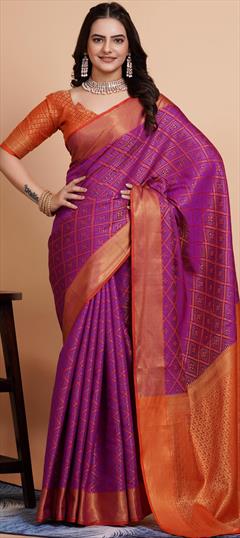 Party Wear, Traditional Purple and Violet color Saree in Banarasi Silk fabric with South Weaving, Zari work : 1930799