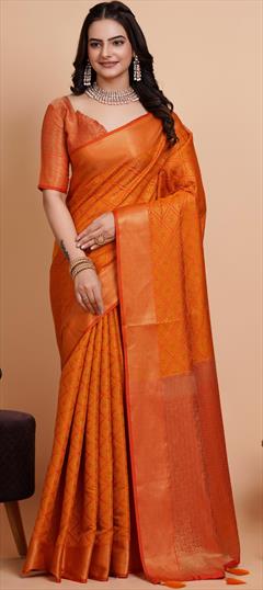 Party Wear, Traditional Orange color Saree in Banarasi Silk fabric with South Weaving, Zari work : 1930800