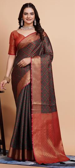 Party Wear, Traditional Black and Grey color Saree in Banarasi Silk fabric with South Weaving, Zari work : 1930801