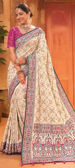 Bridal, Traditional, Wedding Beige and Brown color Saree in Banarasi Silk fabric with South Cut Dana, Mirror, Moti work : 1930822