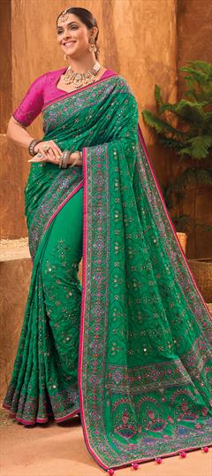 Bridal, Traditional, Wedding Green color Saree in Banarasi Silk fabric with South Cut Dana, Mirror, Moti work : 1930823