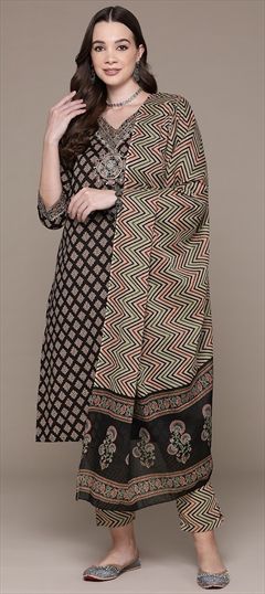 Festive, Summer Black and Grey color Salwar Kameez in Cotton fabric with Straight Embroidered, Printed, Thread, Zari work : 1930880