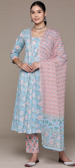 Festive, Summer Blue color Salwar Kameez in Cotton fabric with Straight Floral, Printed, Sequence, Thread work : 1930883