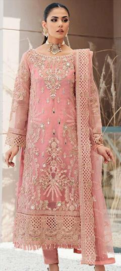 Party Wear, Reception Pink and Majenta color Salwar Kameez in Organza Silk fabric with Straight Bugle Beads, Embroidered work : 1930916