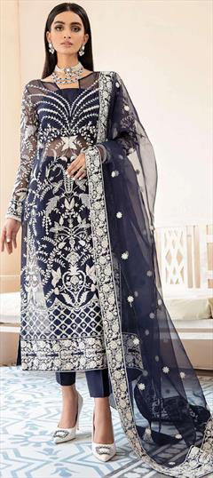 Party Wear, Reception Blue color Salwar Kameez in Organza Silk fabric with Straight Bugle Beads, Embroidered work : 1930917