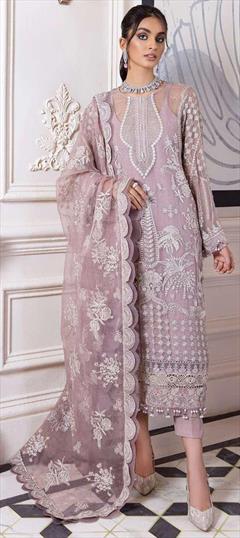 Party Wear, Reception Pink and Majenta color Salwar Kameez in Organza Silk fabric with Straight Embroidered, Zari work : 1930918