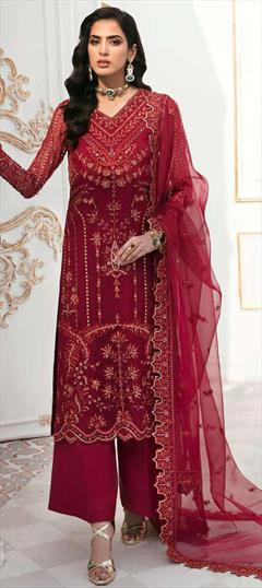 Party Wear, Reception Red and Maroon color Salwar Kameez in Organza Silk fabric with Straight Embroidered, Sequence work : 1930920