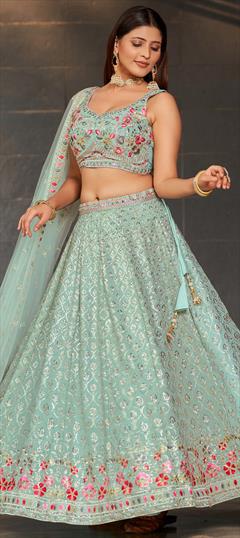 Engagement, Reception, Wedding Blue color Lehenga in Georgette fabric with Flared Embroidered, Sequence, Thread, Zari work : 1930971