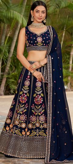 Engagement, Reception, Wedding Blue color Lehenga in Georgette fabric with Flared Embroidered, Sequence, Thread, Zari work : 1930972