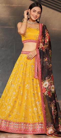 Engagement, Reception, Wedding Yellow color Lehenga in Georgette fabric with Flared Embroidered, Sequence, Thread, Zari work : 1930973