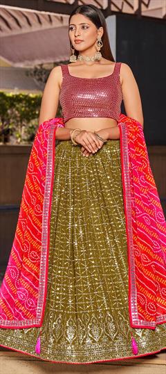 Engagement, Reception, Wedding Green color Lehenga in Georgette fabric with Flared Embroidered, Sequence, Thread, Zari work : 1930974