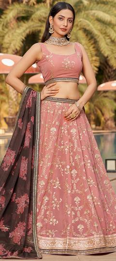 Engagement, Reception, Wedding Pink and Majenta color Lehenga in Georgette fabric with Flared Embroidered, Sequence, Thread, Zari work : 1930975