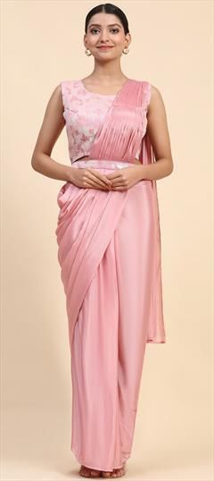 Engagement, Reception, Wedding Pink and Majenta color Readymade Saree in Chiffon fabric with Classic Embroidered, Sequence, Thread work : 1930983