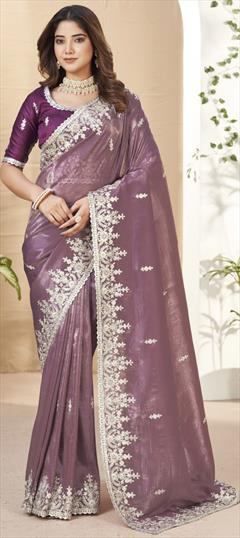 Engagement, Mehendi Sangeet, Wedding Purple and Violet color Saree in Tissue fabric with South Sequence, Thread work : 1930986