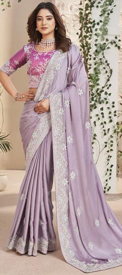 Engagement, Mehendi Sangeet, Wedding Purple and Violet color Saree in Silk fabric with South Sequence, Thread work : 1930988