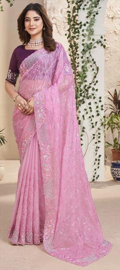Engagement, Mehendi Sangeet, Wedding Pink and Majenta color Saree in Organza Silk fabric with Classic Sequence, Thread work : 1930989