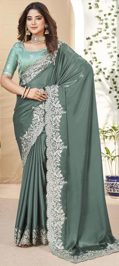 Engagement, Mehendi Sangeet, Wedding Green color Saree in Satin Silk fabric with South Sequence, Thread work : 1930990