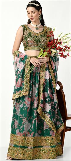 Reception, Wedding Green color Lehenga in Faux Georgette fabric with Flared Digital Print, Embroidered, Floral, Sequence, Thread work : 1930999