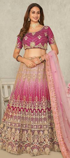 Bridal, Engagement, Wedding Pink and Majenta color Lehenga in Net fabric with Flared Border, Embroidered, Resham, Sequence, Thread work : 1931004