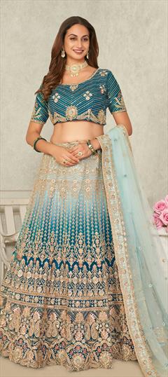 Bridal, Engagement, Wedding Blue color Lehenga in Net fabric with Flared Border, Embroidered, Resham, Sequence, Thread work : 1931005