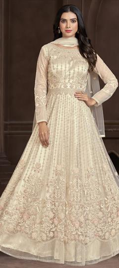 Bollywood White and Off White color Salwar Kameez in Net fabric with Anarkali Embroidered, Resham, Stone, Thread work : 1931022