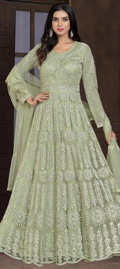 Bollywood Green color Salwar Kameez in Net fabric with Anarkali Embroidered, Resham, Stone, Thread work : 1931024