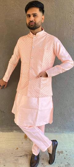 Party Wear, Wedding Pink and Majenta color Kurta Pyjama with Jacket in Art Silk fabric with Embroidered, Sequence work : 1931186