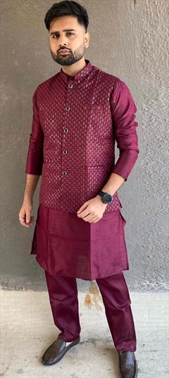 Party Wear, Wedding Red and Maroon color Kurta Pyjama with Jacket in Art Silk fabric with Embroidered, Sequence work : 1931190