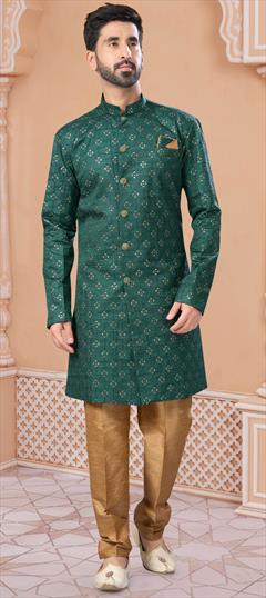Party Wear Green color IndoWestern Dress in Silk fabric with Stone, Thread work : 1931195