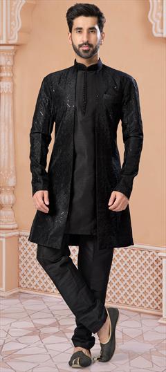 Party Wear Black and Grey color IndoWestern Dress in Bangalore Silk fabric with Stone, Thread work : 1931201