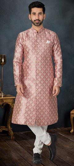 Reception, Wedding Pink and Majenta color Sherwani in Banarasi Silk, Jacquard fabric with Thread work : 1931266