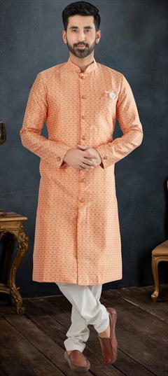 Reception, Wedding Pink and Majenta color Sherwani in Banarasi Silk, Jacquard fabric with Thread, Zari work : 1931269