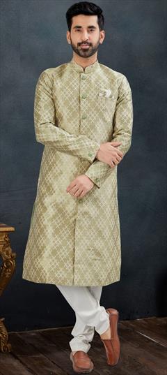 Reception, Wedding Green color Sherwani in Banarasi Silk, Jacquard fabric with Thread, Zari work : 1931271